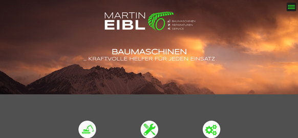 WEBgarten - Webdesign - Braunau | Referenz Webseite Martin Eibl Baumaschinen mit stimmungsvollem Bergbild im Sonnenuntergang.