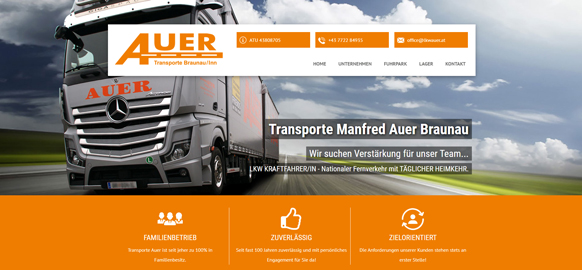 WEBgarten - Webdesign - Braunau | Referenz Webseite von LKW Transporte Manfred Auer in Braunau am Inn mit einem großen Mercedes-Benz LKW.