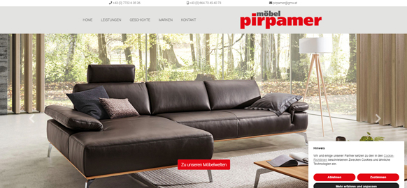 WEBgarten - Webdesign - Braunau | Referenz Webseite von Möbel Pirpamer mit einem großflächigen Slider, der eine hochwertige braune Ledercouch in einem hellen Wohnambiente zeigt.